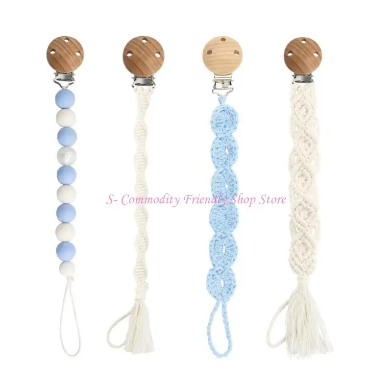 85AE Crochet Pacifier Chain Baby Teething Bead Clip Handmade Dummy Clip Set Chewable Soother Holder Newborn Nursing Supply