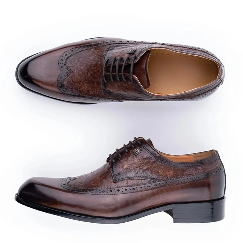 

New Style Derby Shoes Pure Genuine Leather Handmade Formal Classic Men's Business Wedding Party Lace-up Pointed Dress Man Shoes