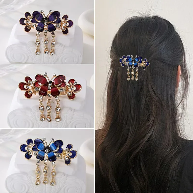 Pinza para el pelo de mariposa de cristal a la moda para mujer, diamantes de imitación coloridos, elegante accesorio para el cabello con borlas para chica Kawaii, diadema con pinza para el pelo