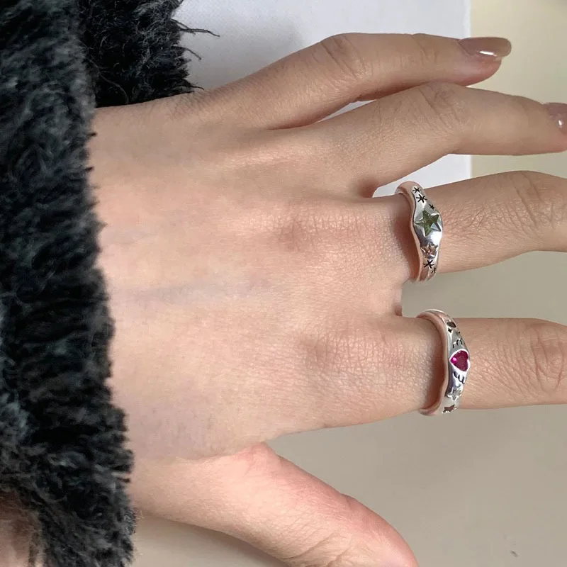 925 srebrne proste kolorowe pierścionki serce z kamienia dla kobiet geometryczna moda smiple'a otwarta ręcznie robiona biżuteria na imprezę alergiczną na prezent