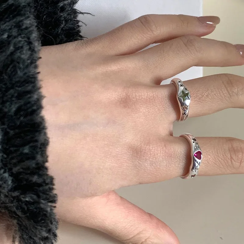 Cincin batu hati warna-warni sederhana perak Sterling 925 untuk wanita mode geometris Smiple terbuka buatan tangan alergi pesta hadiah perhiasan