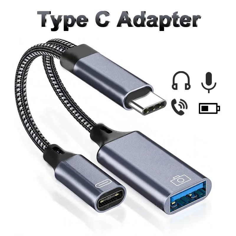 2 In 1 Type C Adapter Type-C To USB A/C Splitter Headphones Jack Audio Adapter PD Fast Charger For iPhone Samsung Xiaomi Realme