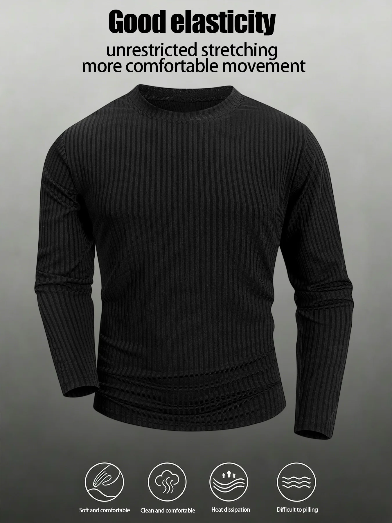 Modisches, texturiertes, vertikal geripptes Herren-Langarmshirt mit Rundhalsausschnitt, elastisches Stretch-Strickoberteil, atmungsaktives Basic-Shirt für den Streetwear-Look – Detail 10