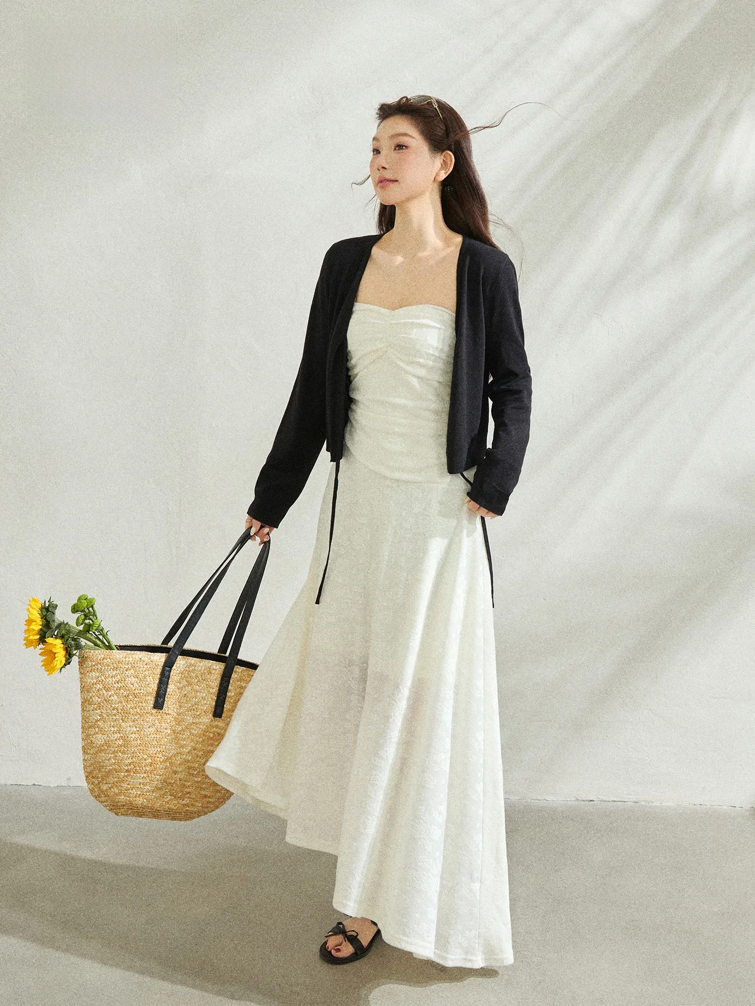 

Zhang Da plus Size Women's Summer Slimming Simple Black Chiffon Strapless Dress Set Korean Style High Waist Long Sleeve Casual