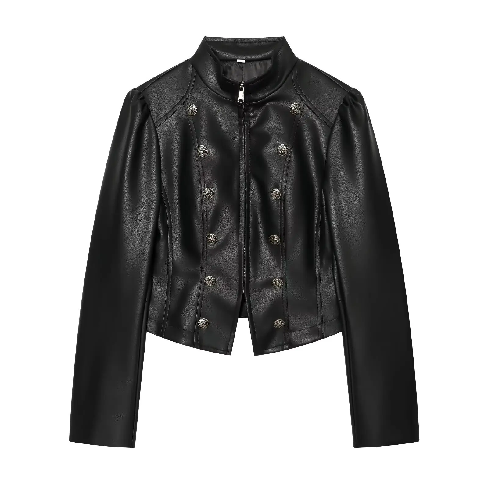 European and American style 2026 new style simple stand-collar long-sleeved button-decorated slim-fit imitation leather jacket