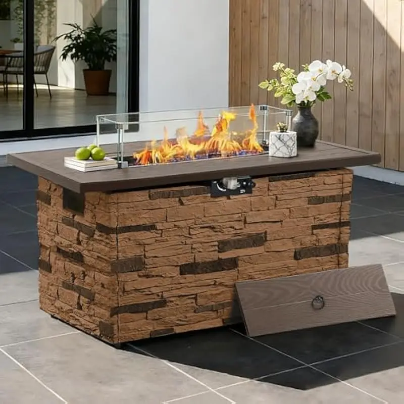 43 Inch Rectangular Outdoor Fire Pit Table with CSA Certified Propane Burner Delivering 50000 BTU Heat Output Faux Stone Surface