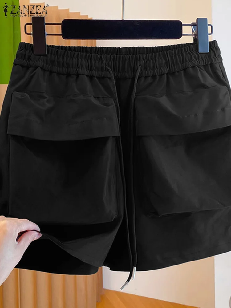 Zanzea moda shorts feminino 2025 verão cordão elástico na cintura bolsos workwear shorts de perna larga solto cor sólida calças curtas