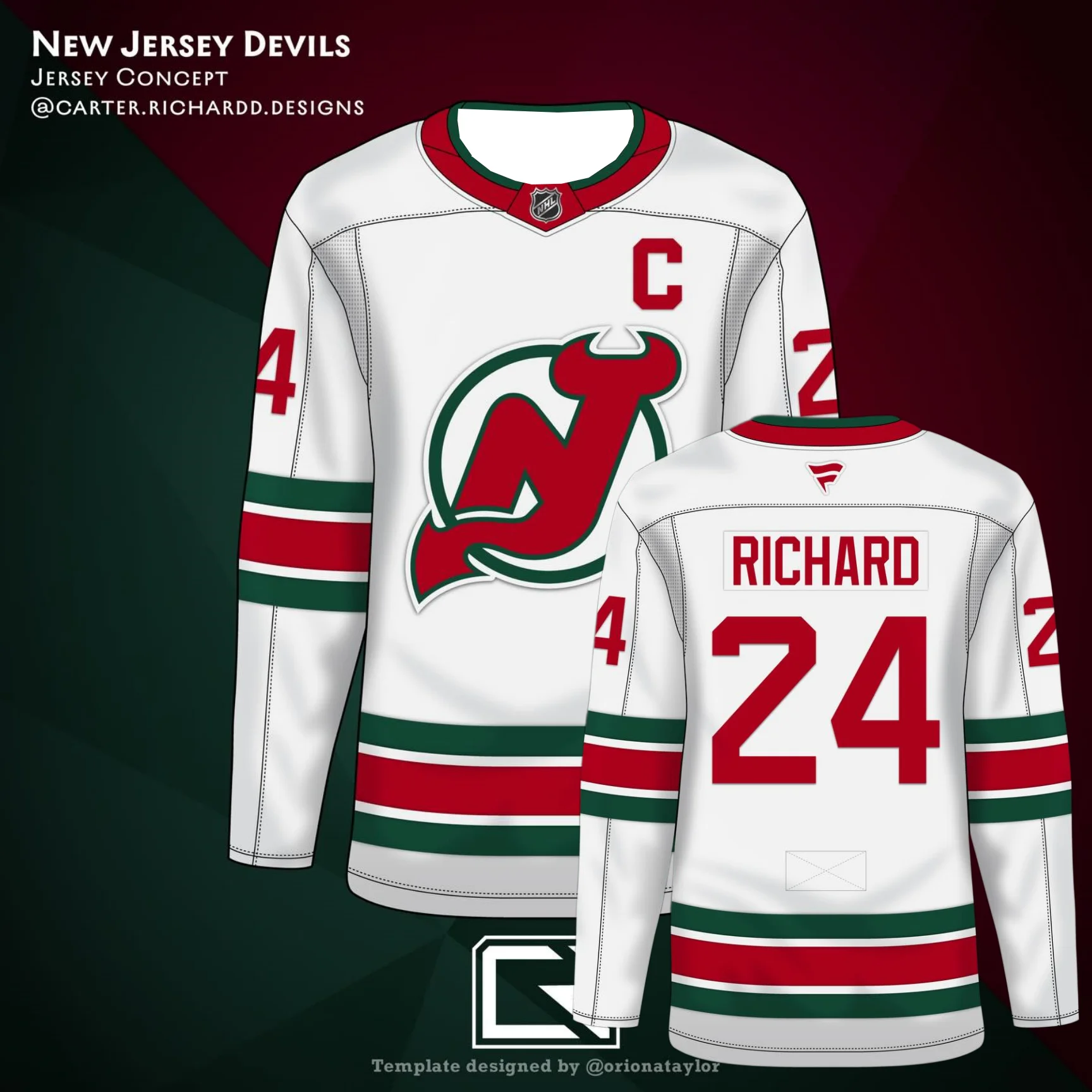 2026 New Jersey Devils Concept Hockey Jersey, Red with Green/White Stripes, #24 Richard, NHL Ice Hockey Uniform for Fans MOTO