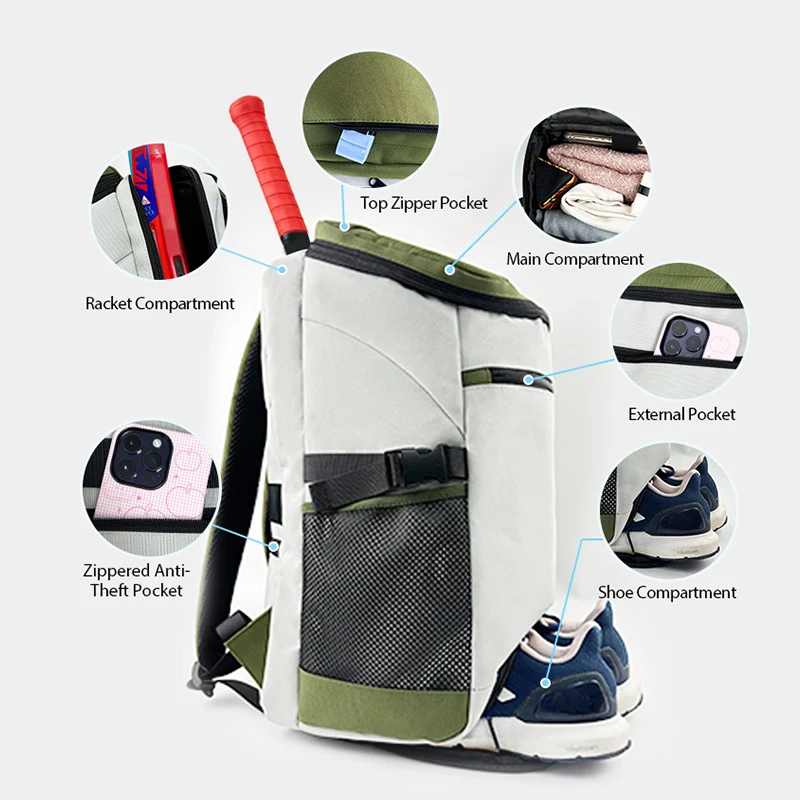 

Multi-Sport Racket Backpack, Fits Tennis/Badminton Rackets, Separate Shoe Storage, Durable Water-Resistant Bags for Gym & Court