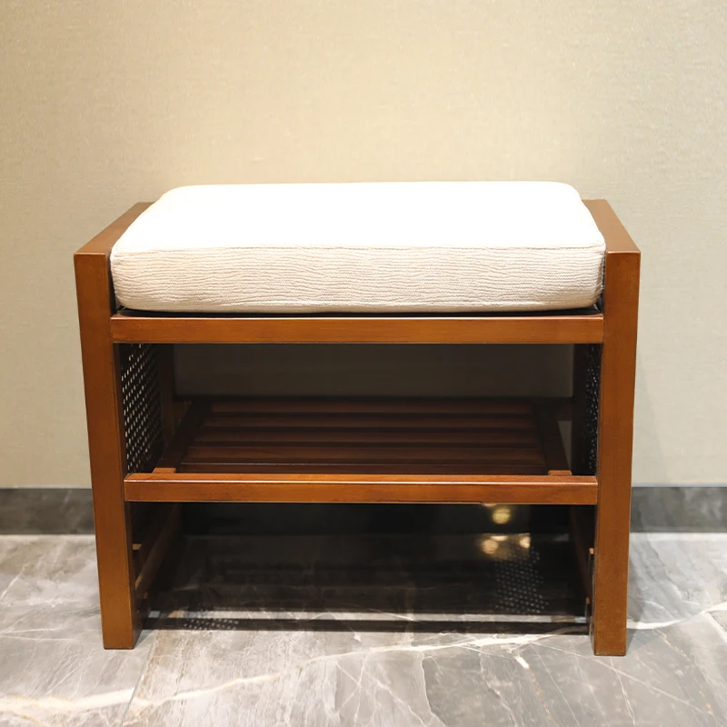 

Chinese Zen retro solid wood shoe changing stool, home double-layer shoe rack at the door, shoe stool at the door