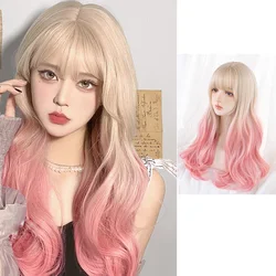 Cosplay Party Lolita Synthetic Wig Middle Part Long Natural Wavy Pink Hair Wig for Women Daily Cosplay Party Heat Resistant