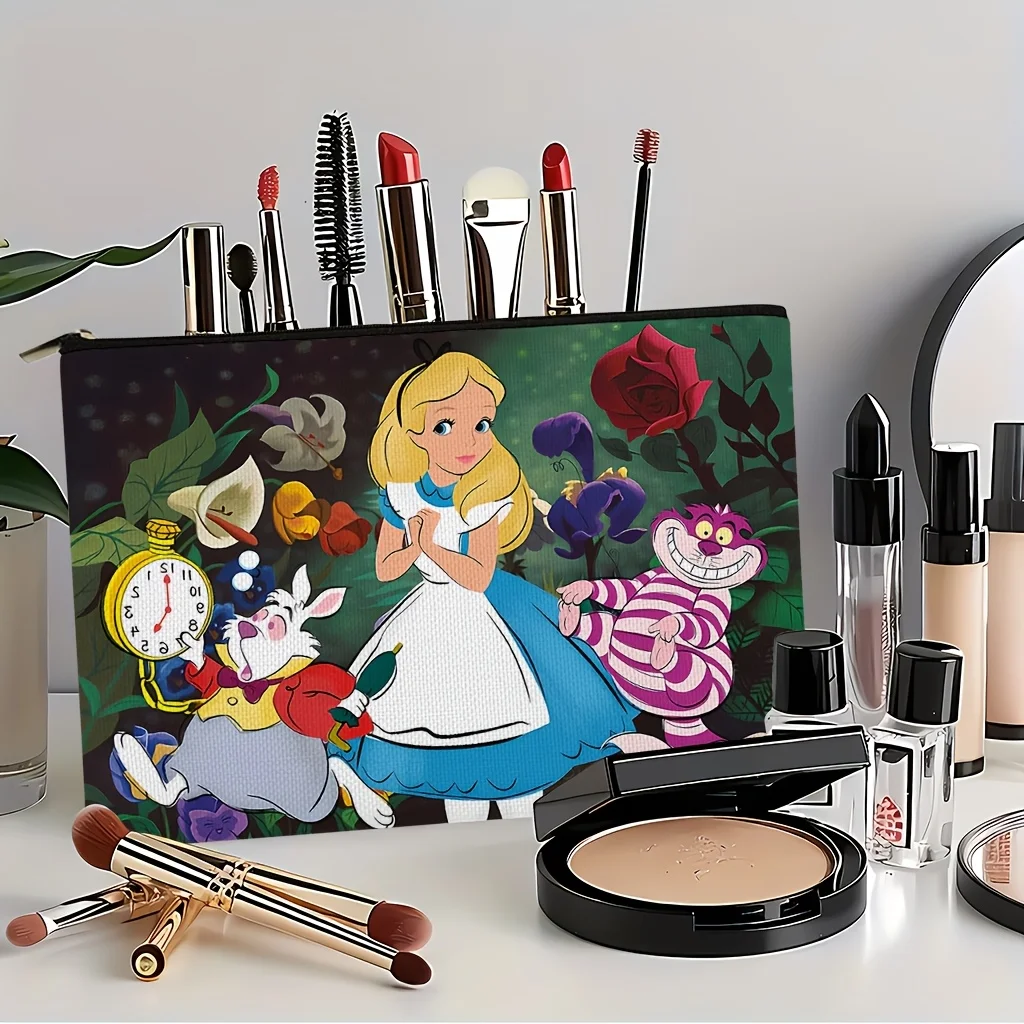 1 unidad de bolsa de cosméticos con personajes clásicos de Alicia en el País de las Maravillas, bolsa de maquillaje portátil con cremallera, ideal para guardar cosméticos diarios y para viajar