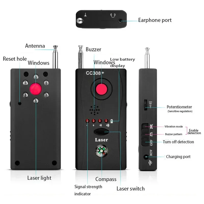 CC308+ Multi-Function Wireless Camera Lens Signal Detector Radio Wave Signal Detect Camera Full-range WiFi RF GSM Device Finder