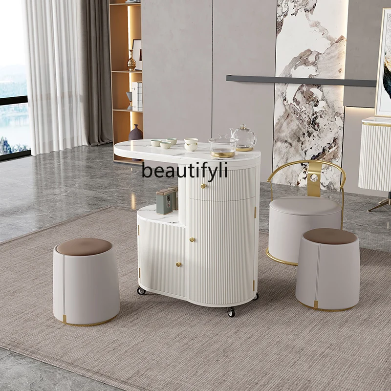 Household Tea Tray Movable Tea Table and Chair Combination Light Luxury Stone Plate Modern Minimalist Balcony Small Tea Trolley