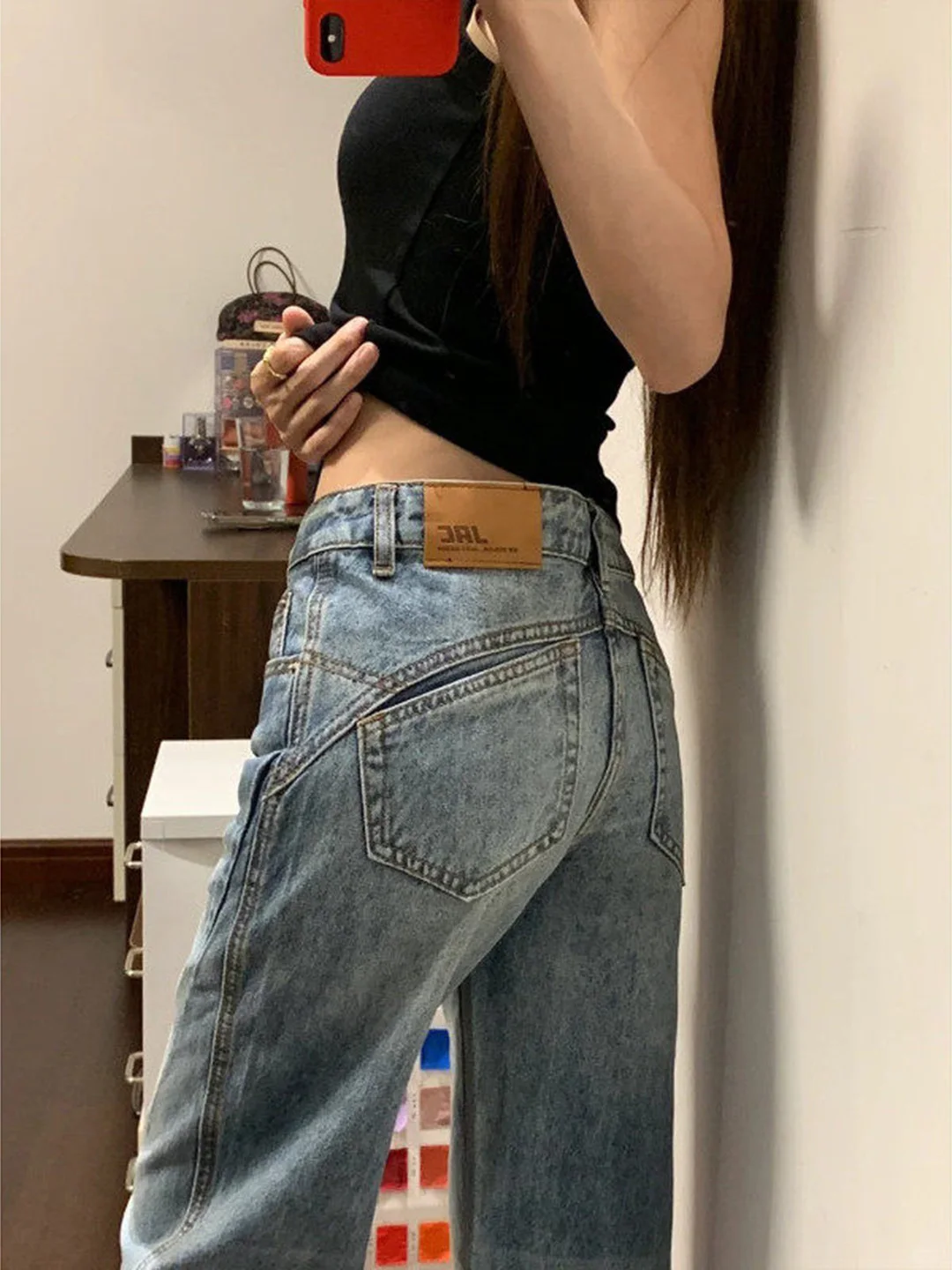 

Retro American Spliced Low Waist Slimming Women's Jeans Non-matching Floor-Length Bell Bottoms Vintage Style Gradual Pattern