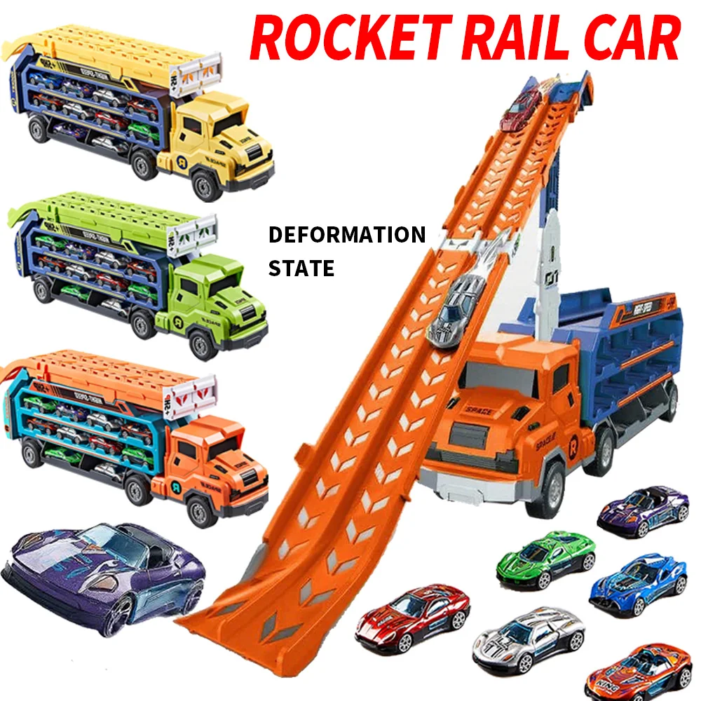 Multi functional Rail Car Toy Set - Includes 6 toy cars, roller coaster type track design, transformable truck