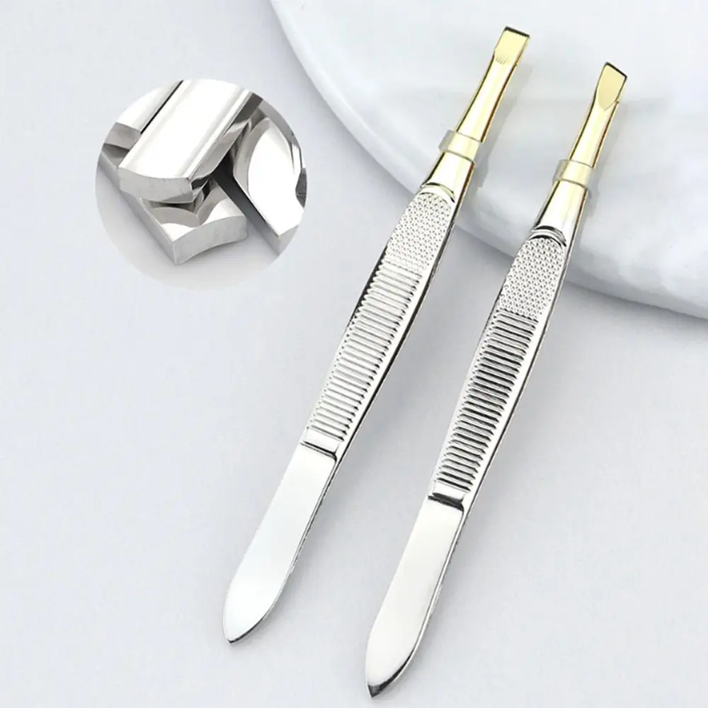 Stainless Steel Eyebrow Trimming Tweezers Slant Tip Flat Tip Eyelash Curler Mesh Stripe Handle Plucking Face Hair Removal Tools