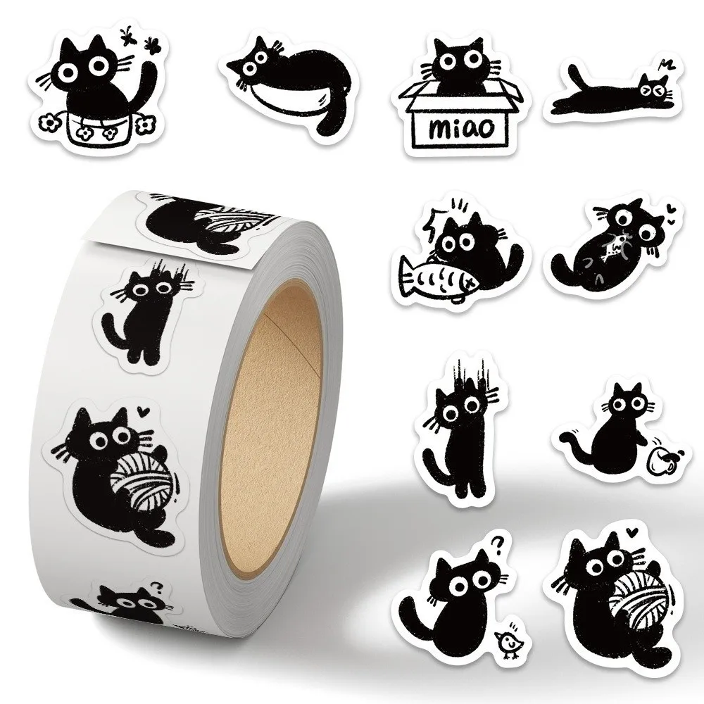 500 uds/rollo de pegatinas de gato negro DIY, pegatinas de grafiti con diseño de dibujos animados de estilo lindo, pegatinas en rollo de patrón creativo impermeables