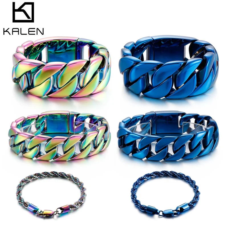 

KALEN 6/12/20/24/31mm Rainbow Blue Color Gay Rope Curb Cuban Chain Bracelet Men Women Unisex Stainless Steel Jewelry New Color