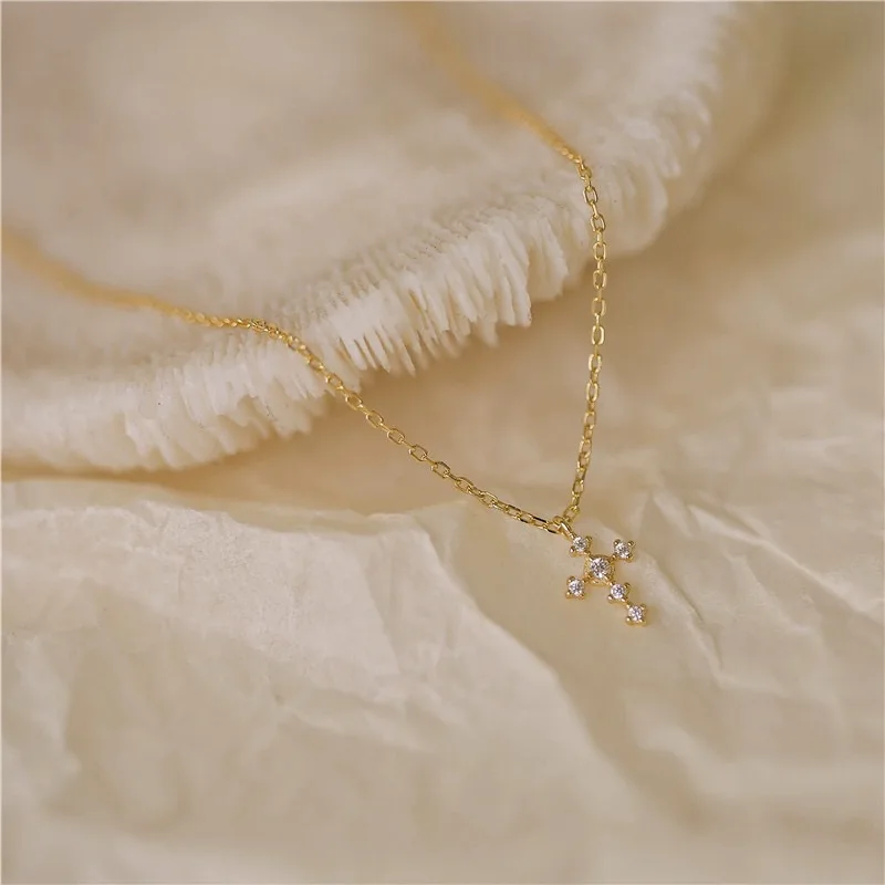 S925 Sterling Silver Cross Zircon Pendant Necklace Clavicle Chain Women Vintage Fashion Jewelry Girl Holiday Party Show Gift view 3