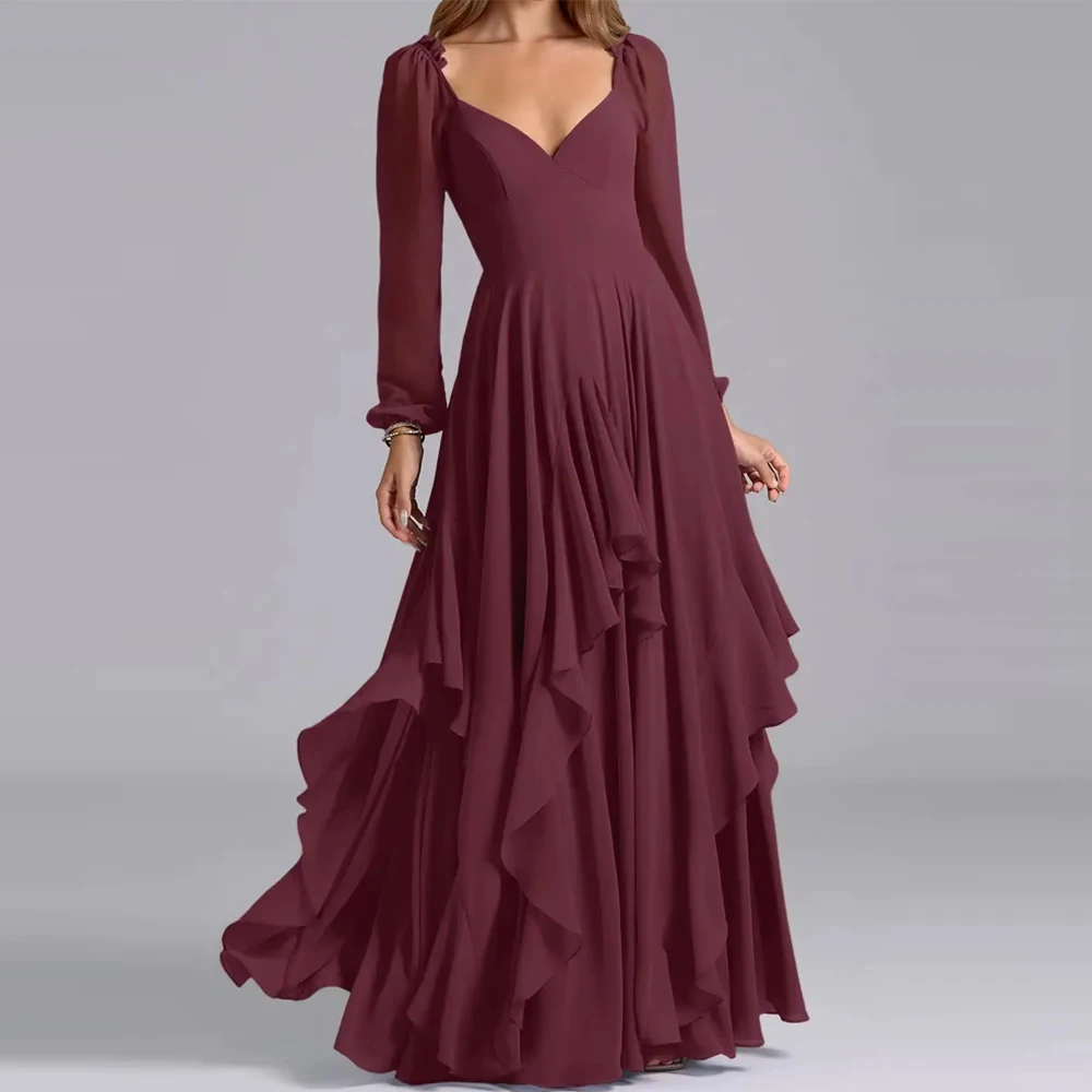 

Customized Long Sleeve Mother of Bride Dresses Chiffon V Neck Long Formal Wedding Party Dresses