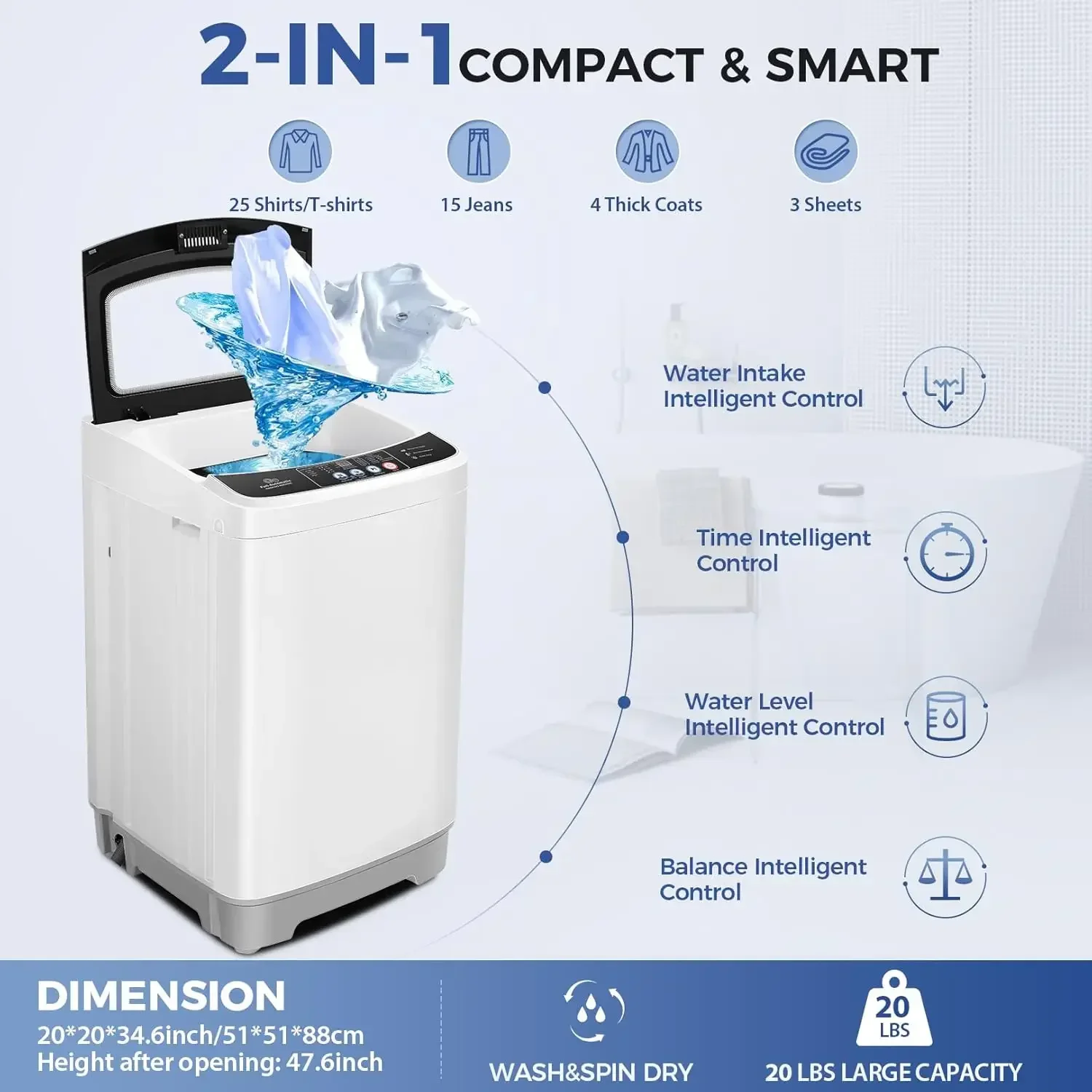 Máquina de lavar portátil Nictemaw, capacidade de 20 libras, 2,8 pés cúbicos, combinação de lavadora e secadora portátil com 10 programas e 8 níveis de água