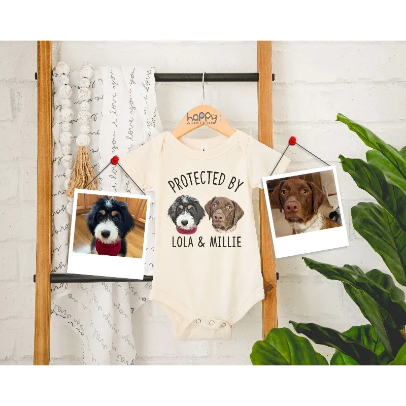 3pcs set Photo to Watercolor Art Baby Bodysuit, Protected by My Guardian Pet Portrait, Newborn Infant Romper, Custom Dog Cat