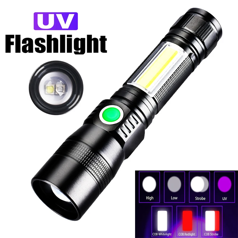 

3 In 1 Super Bright Led Flashlight 3 Light Source Rechargeable 18650 Battery 395nm Uv Lamp With Magnetic Zoom Xpg Tactical Torch