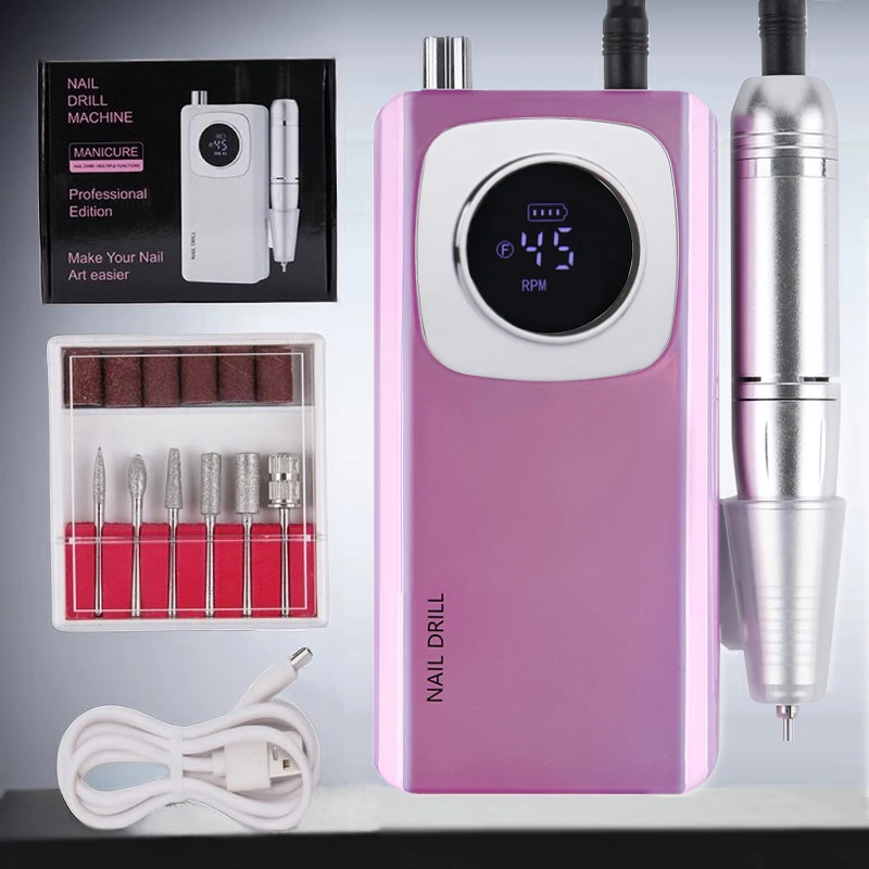 High Speed 45000RPM Rechargeable Nail Drill Machine with LCD Low Noise Professional Nail Polish Sander Nails Accessories Set
