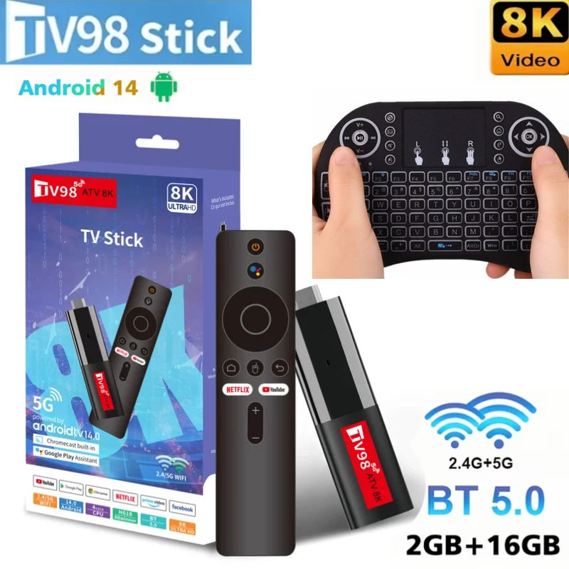 

ТВ-приставка смарт-ТВ TV98 ATV 8K, Android 14, H618, 2,4G, быстрая Поддержка Wi-Fi, медиаплеер OTA, ТВ-приемник BT5.0, 2 ГБ, 16 ГБ, голосовая ТВ-приставка с дистанционным управлением