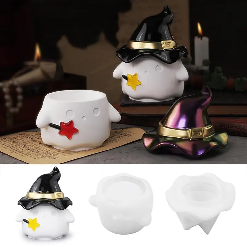 Cute Ghost Storage Box Silicone Mold Plaster Concrete Epoxy Resin Candle Jar Mold with Lid Halloween Candle Cup Mold Party Decor