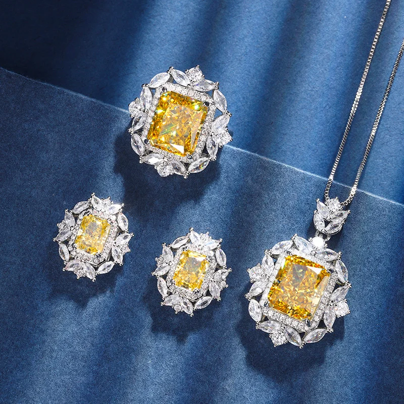 

EYIKA Luxurious Brilliant Cut Yellow Crystal Zircon Flower Pendant Necklace Ring Earrings for Women Banquet Jewelry Set