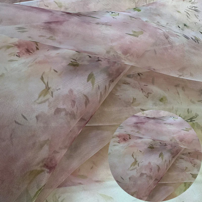 Зашифрованная пряжа 20D Супермягкая ткань с принтом из органзы Ультратонкая ткань для платья Fairy Haze с розовым цветочным принтом Зашифрованная пряжа 20D Супермягкая ткань с принтом из органзы Ультратонкая ткань для платья Fairy Haze с розовым цветочным принтом