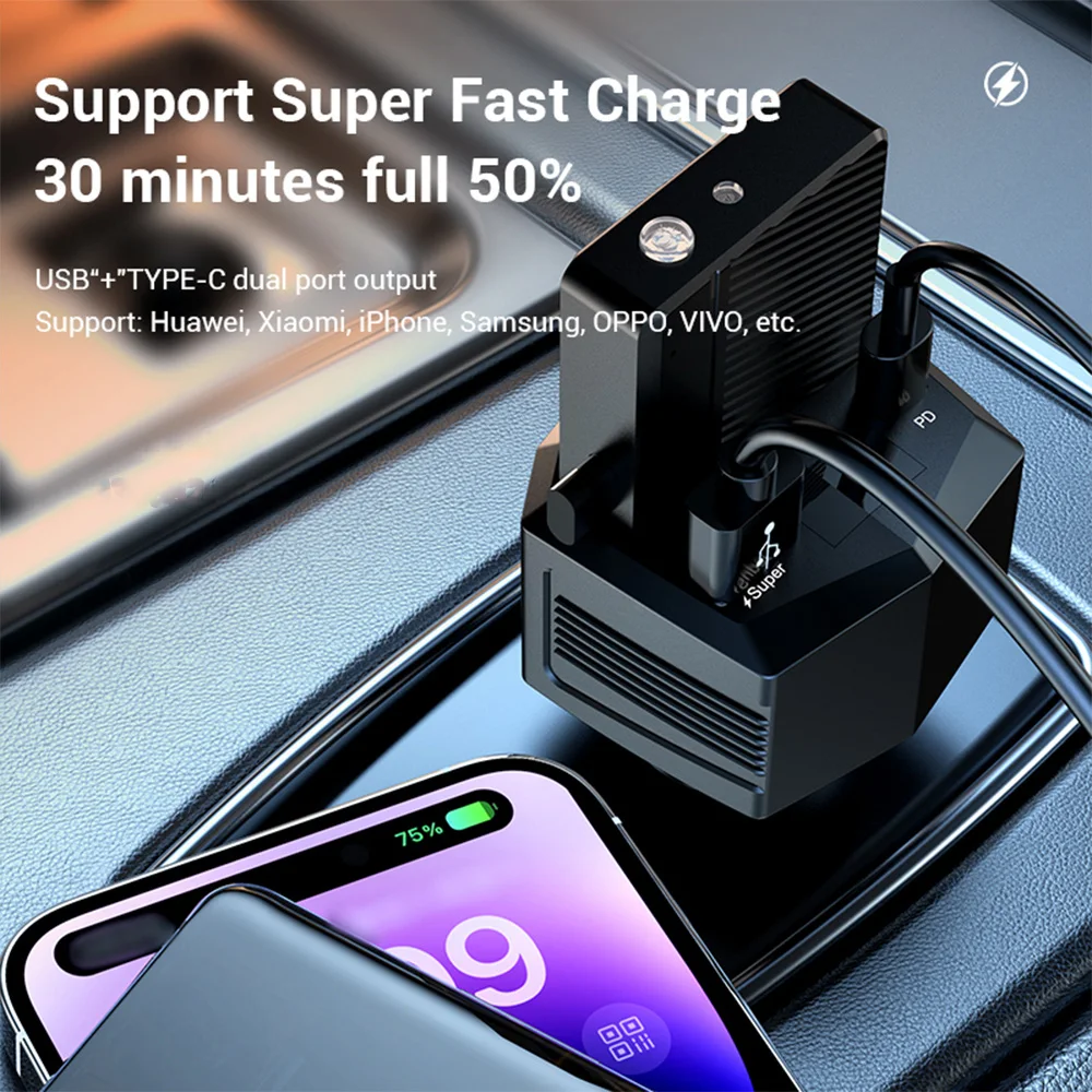 2024 New Car Charger 2-in-1Portable Charger 2000mAh Charging Power For Apple and Android Phones Universal 65 Watt Fast Charging