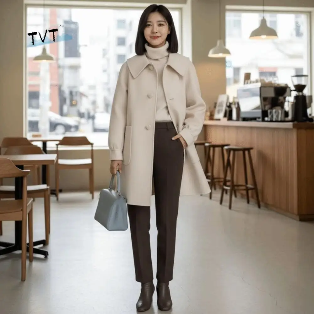 

Mid Length Woolen Coat Women Flip Collar Chic Long Sleeve Cardigan Autumn Winter Heart-shaped Buckle Windproof Coats Autumn