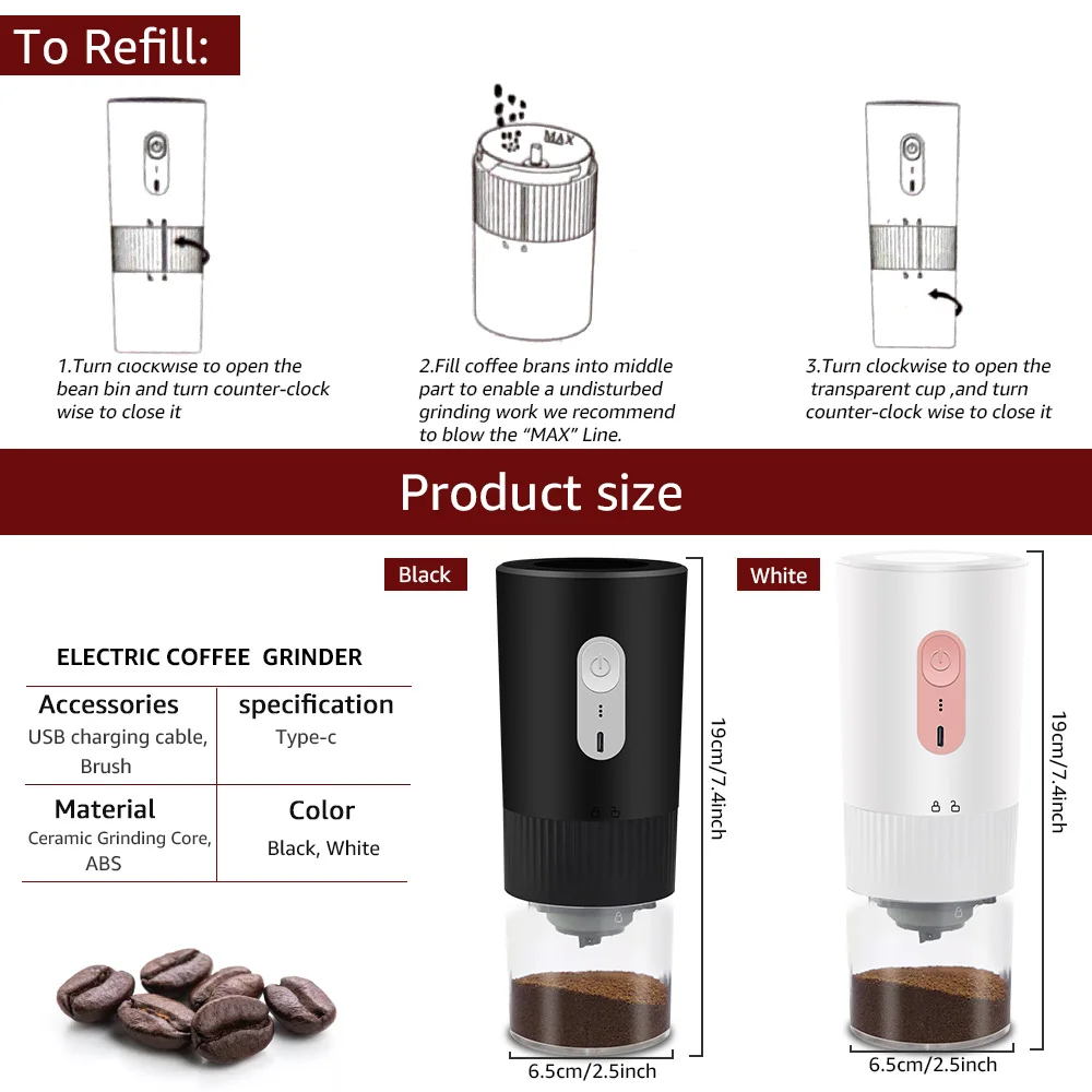 Portable Coffee Grinder Electric USB Rechargeable Home Outdoor Blenders Profession Adjustable Coffee Beans Grinding for Kitchen