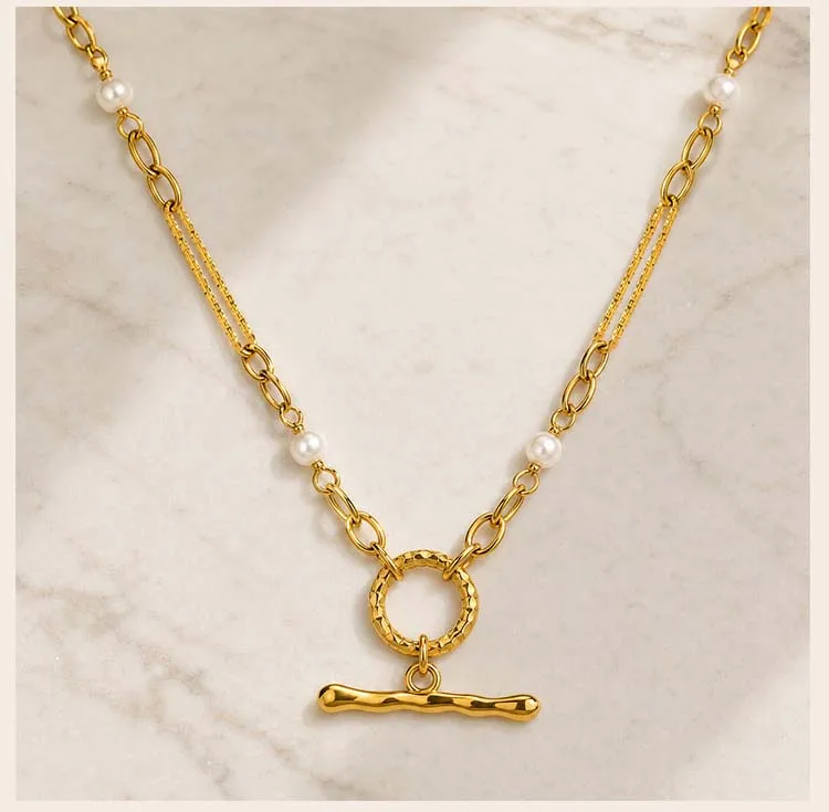 Perlen-Halskette mit Knebelverschluss, 18K IP-vergoldeter Edelstahl, Hypoallergener Büroklammer-Ketten-Schmuck – Detail 3