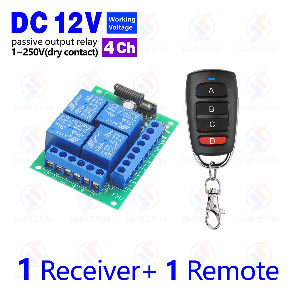 433 Mhz Universal Drahtlose Fernbedienung Licht Schalter DC 12 V 4CH RF Relais Empfänger 60 m Reichweite für Licht/Garage Tür/LED DIY