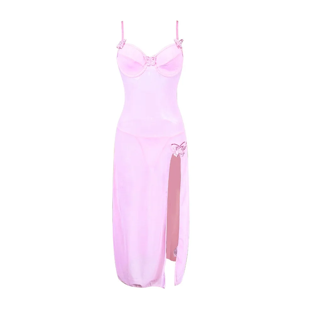 Pink Sheer Mesh Sleepwear Set Butterfly Embroidery Soft Underwire Cups High Slit Spaghetti Strap Long Cami Nightgown for Women