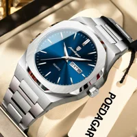 Reloj de pulsera POEDAGAR a la moda para hombre, Reloj luminoso resistente al agua de acero inoxidable para hombre, relojes de negocios de cuarzo con fecha y semana para hombre
