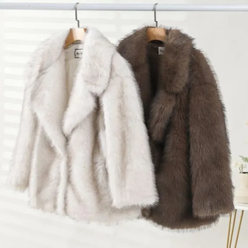 2025 Herfst Winter Dames Nep Vossenbont Lange Mouw Turn-Down Kraag Jas Warm Houden Effen Kleur Nepbont Losse jassen Harige Tops