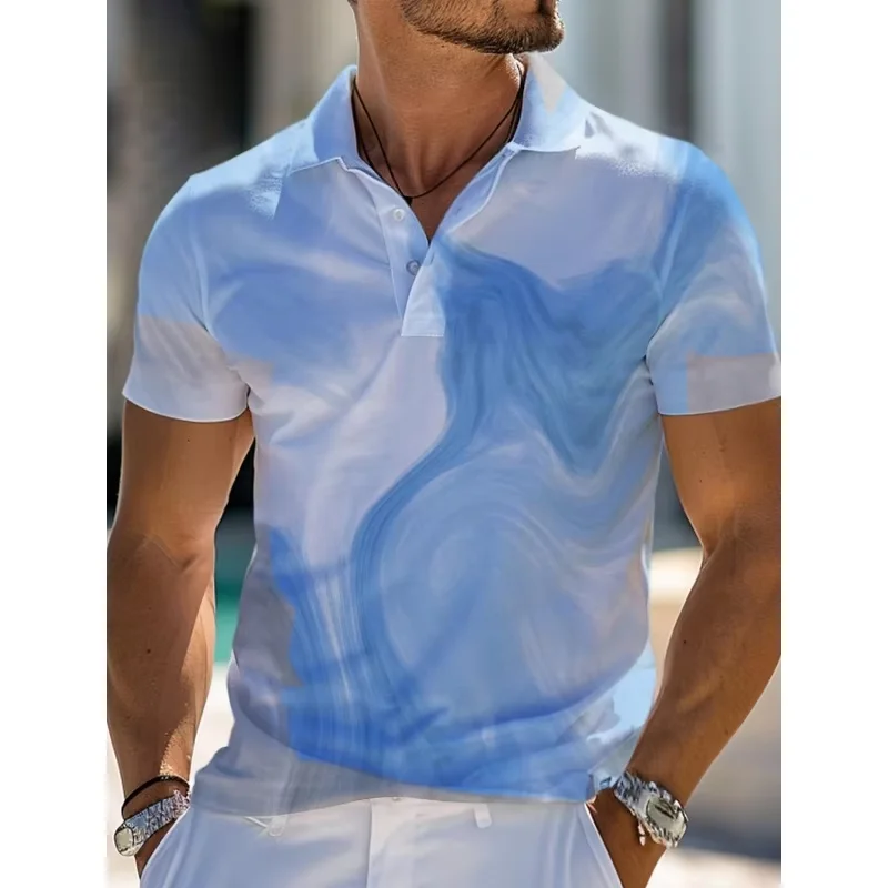 3D-gedrucktes Textur-Streifen-Poloshirt für Herren, buntes Farbverlaufsmuster, Herrenbekleidung, Sommer-Revers-Oberteile, lockere Kurzarm-T-Shirts