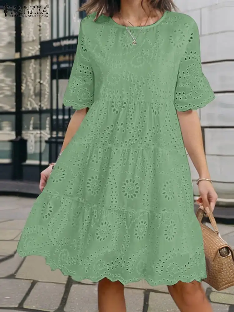 ZANZEA Summer Bohemian Holiday Lace Crochet Dress Women Short Sleeve Work Party Sundress 2024 Fashion A Line Loose Vestidos