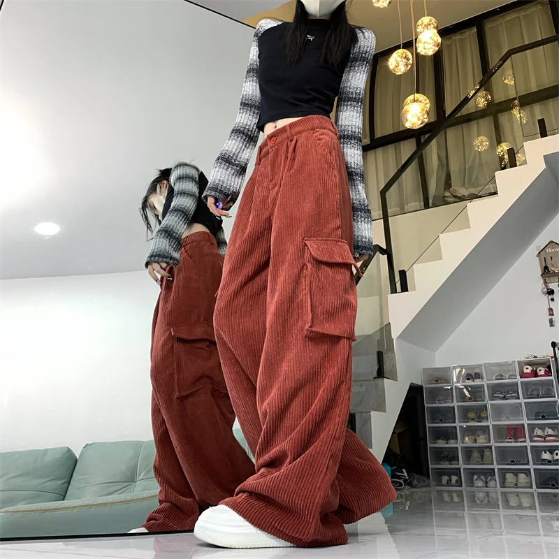 MEXZT Y2K Cargo Pants Women Streetwear Corduroy Wide Leg Sweatpants Harajuku Pockets Baggy Joggers Autumn Winter Casual Trousers