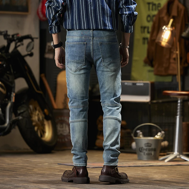 Retro Blue Jeans Men's Motorcycle Style Tight Handsome Stretch Casual Versatile Washed Stitching Skinny Trousers