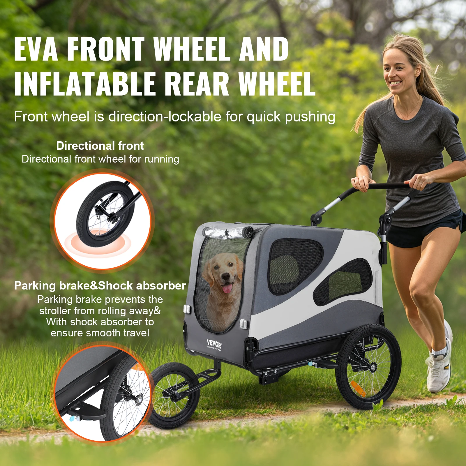 VEVOR 100 lbs Dog Bike Trailer 2-in-1 Pet Stroller Cart Easy Folding Bicycle Carrier with Coupler, Reflectors, Flag for Dogs