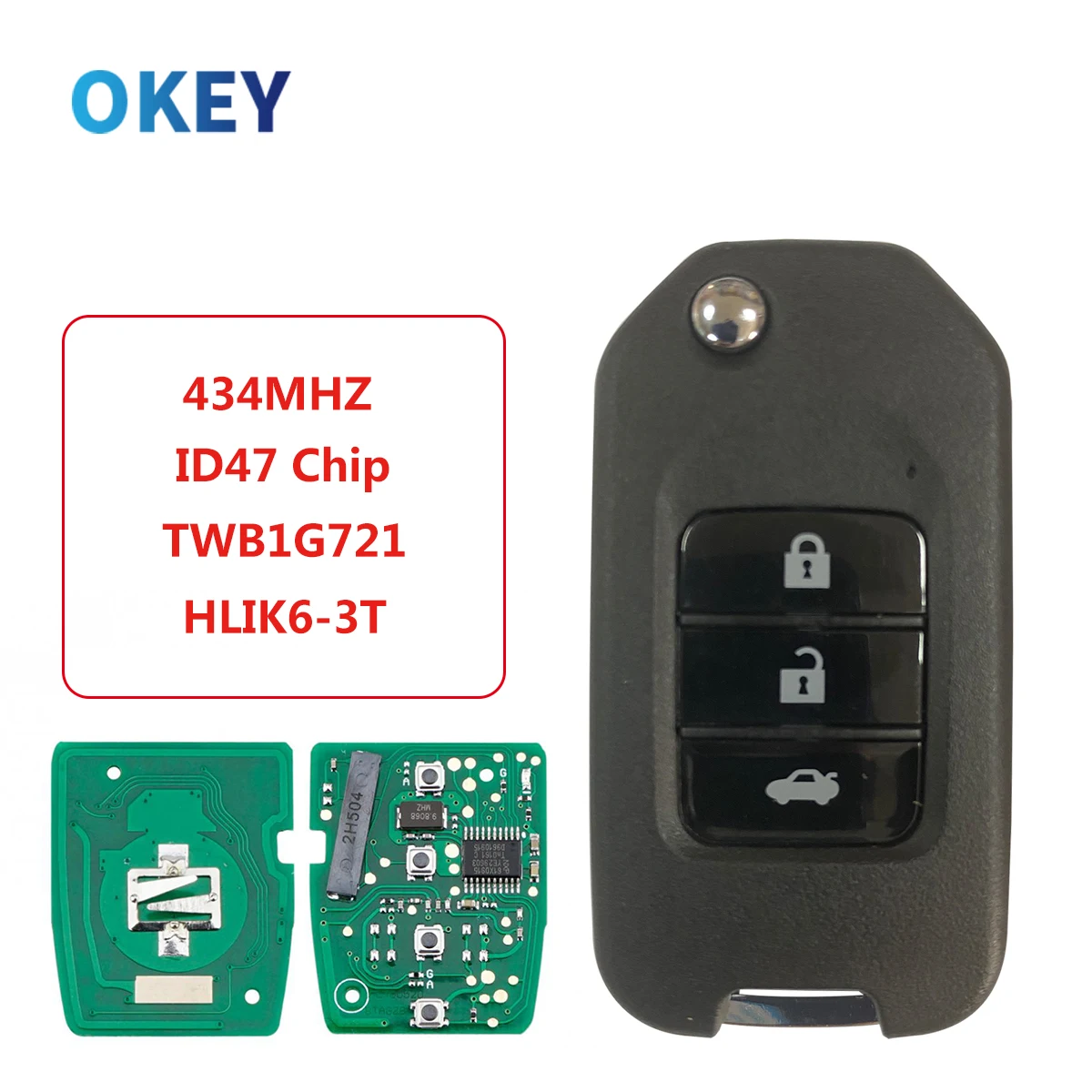 Okey Remote Car Key For Honda Civic Accord City CR-V Jazz XR-V Vezel HR-V FRV Spirior JADE 433MHz HLIK6-3T / TWB1G721