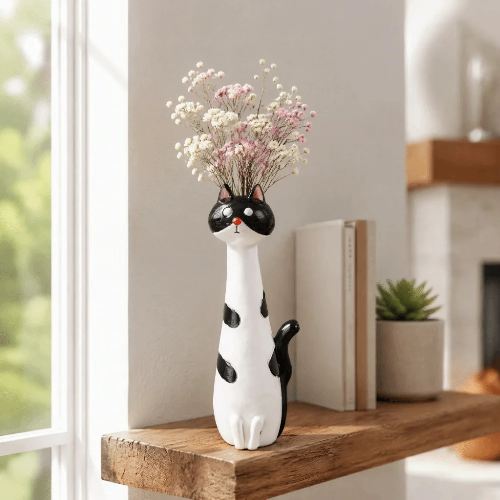 Unique Resin Cat Vase Planter 7.09x2.17x2.36in White Color Flower Vase Decor Resin Cat Vase For Desk Decor