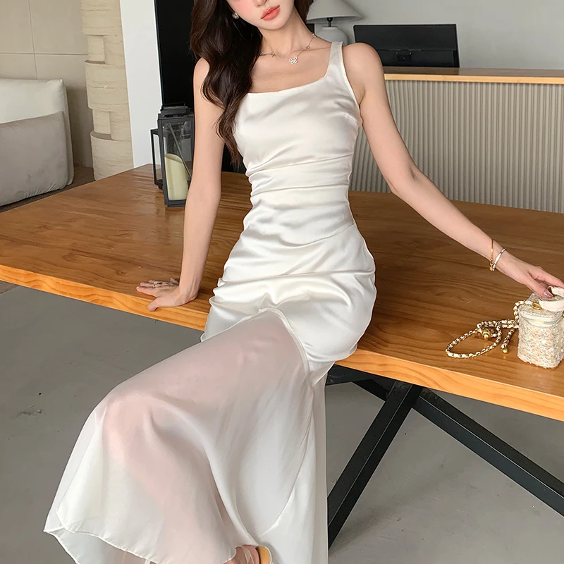 U ネックステインドレス U ネックノースリーブベストドレス夏の女性スパゲッティストラップフィッシュテールマーメイドドレスクラブパーティーボディコンメッシュドレス