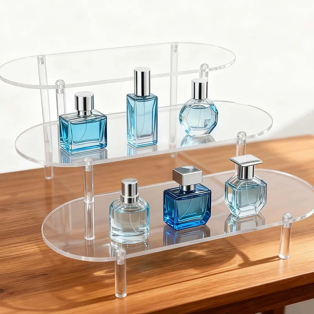 3-Tier Clear Acrylic Display Rack for Perfume Cupcakes Jewelry and Small Collectibles with Compact Design to Save Space